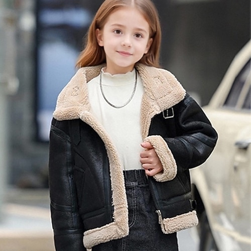 Bambini Ragazze Giacca in finta pelle scamosciata Giacca in pile Giacca di pelle Tinta unica Moda Cerniera Tasca All'aperto Cappotto Capispalla 4-12 A
