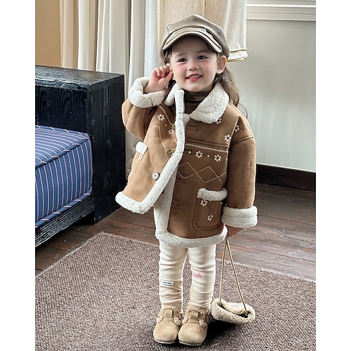 Bambini Ragazze Giacca in finta pelle scamosciata Giacca in pile Giacca di pelle Tinta unica Moda Tasca Tenere al caldo Antivento All'aperto Cappotto 