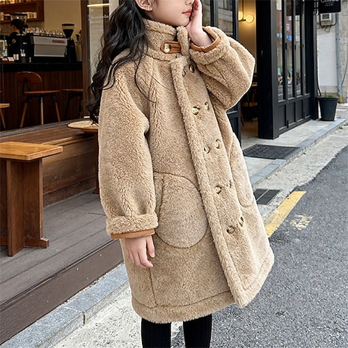 Bambini Ragazze Giacca in finta pelle scamosciata Giacca in pile Giacca di pelle Tinta unica Moda Tasca Tenere al caldo Antivento All'aperto Cappotto 