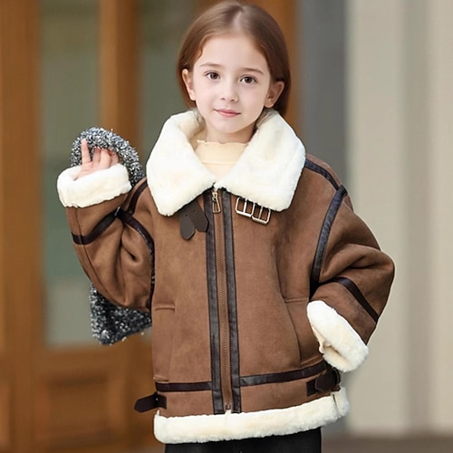 Bambini Ragazze Giacca in finta pelle scamosciata Giacca in pile Giacca di pelle Tinta unica Moda Cerniera Tasca Tenere al caldo All'aperto Cappotto C