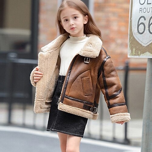 Bambini Ragazze Giacca in finta pelle scamosciata Giacca in pile Giacca di pelle Tinta unica Moda Cerniera Tasca All'aperto Cappotto Capispalla 4-12 A