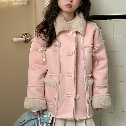 Bambini Ragazze Giacca in finta pelle scamosciata Giacca in pile Giacca di pelle Tinta unica Moda Tasca Tenere al caldo Antivento All'aperto Cappotto 
