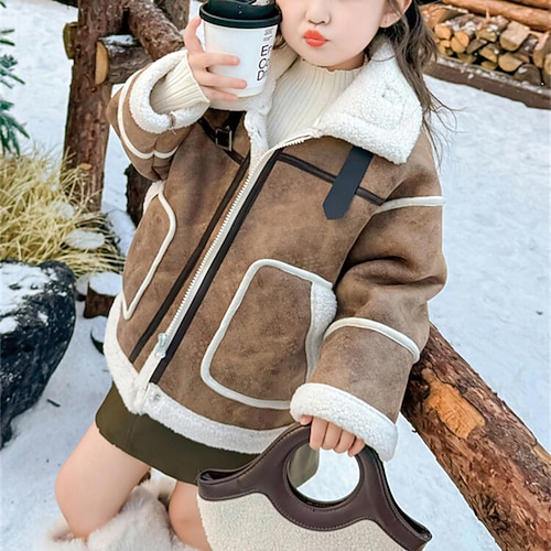Bambini Ragazze Giacca in finta pelle scamosciata Giacca in pile Giacca di pelle Tinta unica Moda Tasca Tenere al caldo Antivento All'aperto Cappotto 