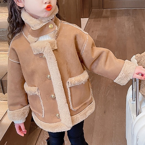Bambini Ragazze Giacca in finta pelle scamosciata Giacca in pile Giacca di pelle Tinta unica Moda Tasca Tenere al caldo Antivento All'aperto Cappotto 