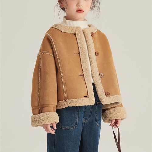 Bambini Ragazze Giacca in finta pelle scamosciata Giacca in pile Giacca di pelle Tinta unica Moda Tasca Tenere al caldo Antivento All'aperto Cappotto 