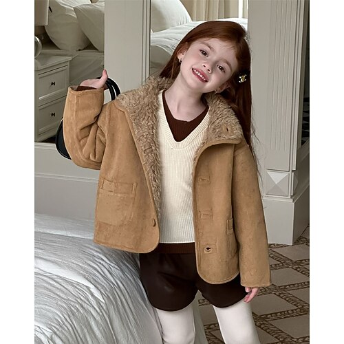 Bambini Ragazze Giacca in finta pelle scamosciata Giacca in pile Giacca di pelle Tinta unica Moda Cerniera Tasca Tenere al caldo Antivento All'aperto 