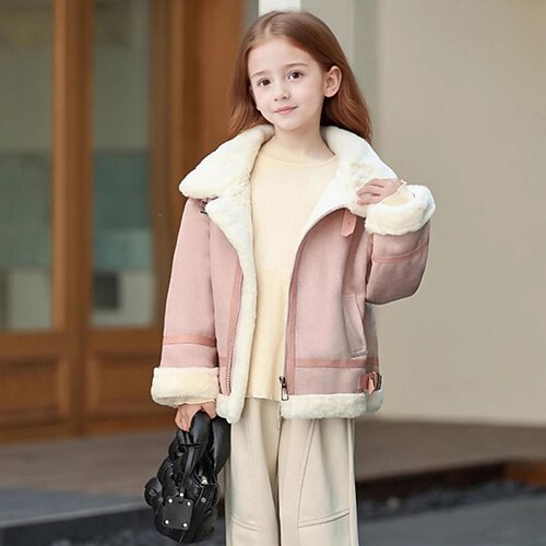 Bambini Ragazze Giacca in finta pelle scamosciata Giacca in pile Giacca di pelle Tinta unica Moda Cerniera Tasca Tenere al caldo All'aperto Cappotto C