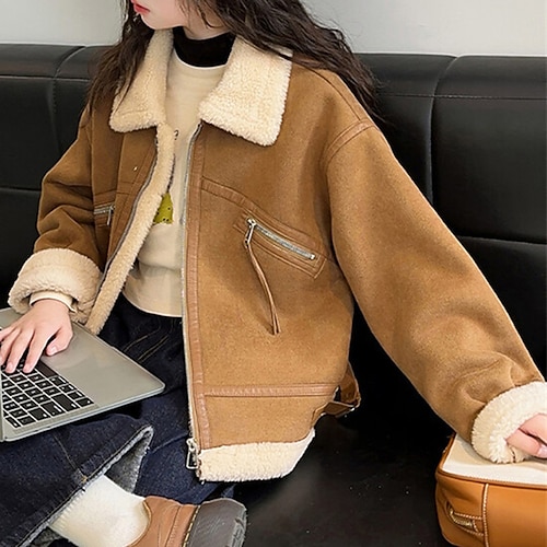 Bambini Ragazze Giacca in finta pelle scamosciata Giacca in pile Giacca di pelle Tinta unica Moda Cerniera Tasca All'aperto Cappotto Capispalla 4-12 A