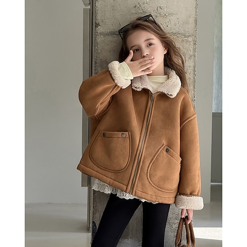 Bambini Ragazze Giacca in finta pelle scamosciata Giacca in pile Giacca di pelle Tinta unica Moda Cerniera Tasca Tenere al caldo Antivento All'aperto 