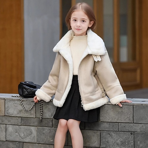 Bambini Ragazze Giacca in finta pelle scamosciata Giacca in pile Giacca di pelle Tinta unica Moda Cerniera Tasca Tenere al caldo All'aperto Cappotto C