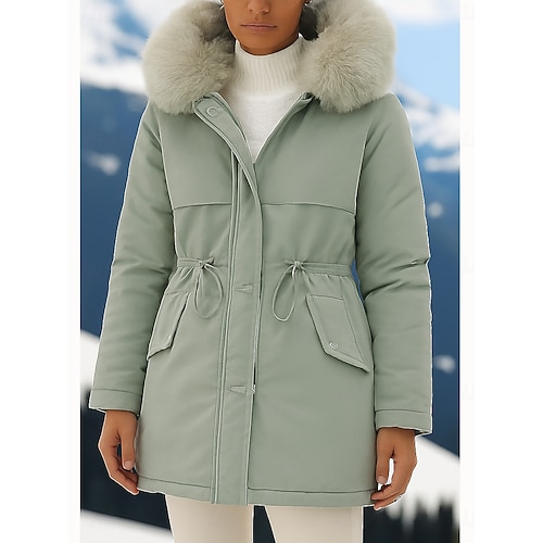  Women's Parka Comfortable Breathable Zipper Pocket Fur Collar Casual Plain Vacation Street Casual Daily Wear Single Breasted Regular Hooded Regular Fit Long Sleeve Outerwear Black Blue Green Spring