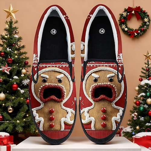  Ανδρικά χριστουγεννιάτικα slip-on παπούτσια με μελόψωμο για άνδρες – εορταστικό τρισδιάστατο σχέδιο μελόψωμου, διασκεδαστικά και άνετα, ιδανικά για εορταστικά πάρτι και χριστουγεννιάτικες εκδηλώσεις