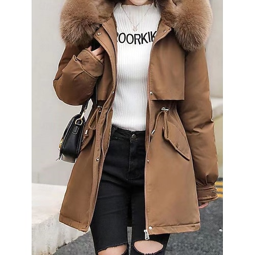  Women's Parka Comfortable Breathable Zipper Pocket Fur Collar Casual Plain Vacation Street Casual Daily Wear Single Breasted Regular Hooded Regular Fit Long Sleeve Outerwear Black Blue Green Spring