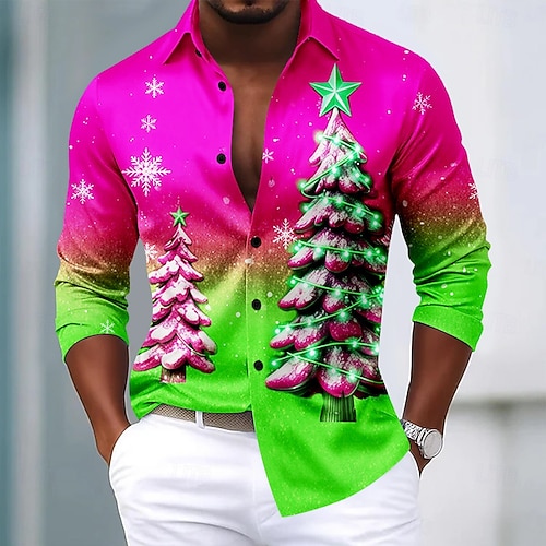  Jul Herr Julgran Snöflinga Gradientfärg Skjorta Satinskjorta Långärmad Mode Casual Utomhus Fest Helgdag Vår Höst Nedvikt 3D-utskrift Skjortor med knappar Blå Grön Ljusblå Rosenröd