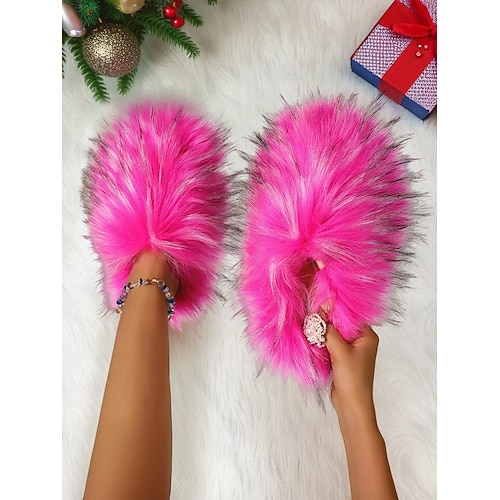  женские красные пушистые тапочки, плюшевые меховые домашние тапочки без застежек, удобная обувь для отдыха дома, Рождества и отдыха