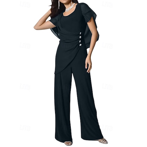 Jumpsuit/costume-pantalon robe mère de la mariée élégante simple minimaliste encolure dégagée longueur de sol en chiffon à manches courtes avec boutons en cristal