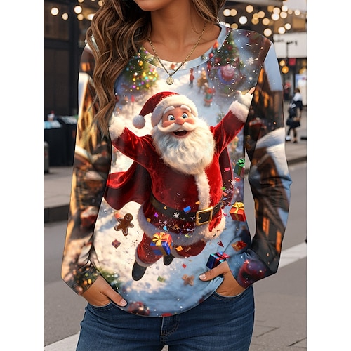  Tricoul pentru Femei de Crăciun Grafic Claus Moda Vintage Stilat cu Mâneci Lungi Gât Rotund Topuri Regulate Print pentru Weekend Roșu Albastru Albastru prăfuit Toamnă Iarnă