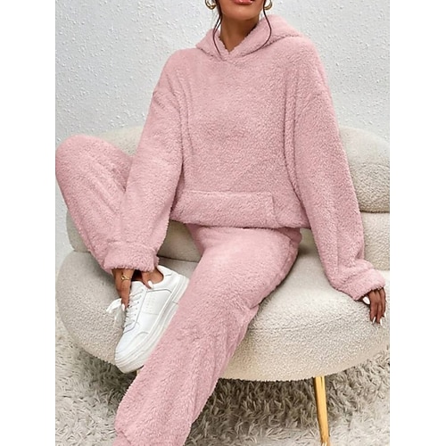  Women's Pajama Set Casual Comfort Pure Color Elastic Waist T Shirt Pant Home Daily Long Sleeve Crew Neck Black White Pink Blue Beige Spring Fall Winter Regular Fit