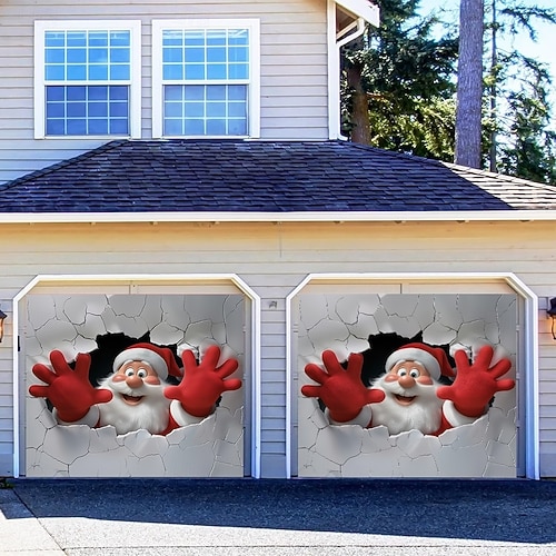  כיסוי לדלת מוסך לחג המולד, סנטה קלאוס פורץ דרך קיר, רקע תלת מימד גדול, קישוט מסיבה עונתי לחג המולד, חג המולד, ברכה לחצר ביתית