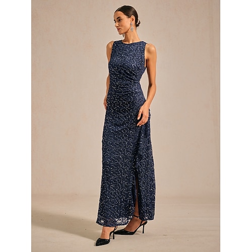  Femmes Robe maxi Robe fourreau Élégant robe demoiselle d honneur Soirée Coupe régulière Couleur Unie Sans manches Col ras du cou bleu marine Printemps Automne