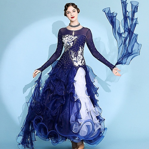 blue dress waltz Women's Ballroom Dance Navy Feather Embellished Rhinestone Layered Organza Elegant Foxtrot Competition Performance Gown Women's Cropped Cardigan Sweater pumpkin Size:2X Tall breathable fabric with a