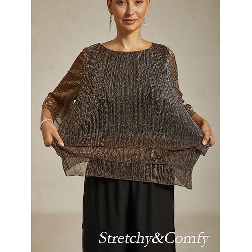  Women's Blouse Dressy Tops Flowy Tops Chiffon Tops Elegant Vintage Stylish 3/4 Length Sleeve Crew Neck Boat Neck Work Daily Date Night Outfits Sequins Pleated Patchwork Brown Spring Fall