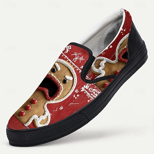  Ανδρικά χριστουγεννιάτικα slip-on παπούτσια με μελόψωμο για άνδρες – εορταστικό τρισδιάστατο σχέδιο μελόψωμου, διασκεδαστικά και άνετα, ιδανικά για εορταστικά πάρτι και χριστουγεννιάτικες εκδηλώσεις