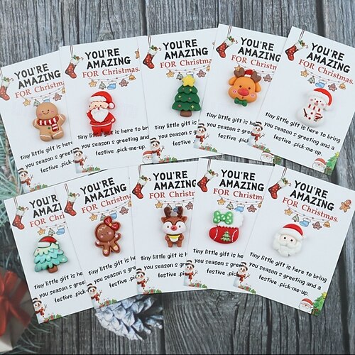  10-Pack Mini Christmas Hug Cards with Resin Charms - Festive Encouragement Cards with Santa, Stocking, Gingerbread, Snowman, Reindeer - Party Style Emotional Support Gifts for Friends and Family