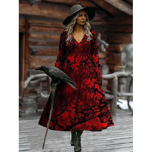  Женское миди платье А-силуэта отпуск повседневное бохо пляжное обычной посадки графическое абстрактное с длинным рукавом V-образным вырезом белое тёмно-красное вино коричневое весна осень зима