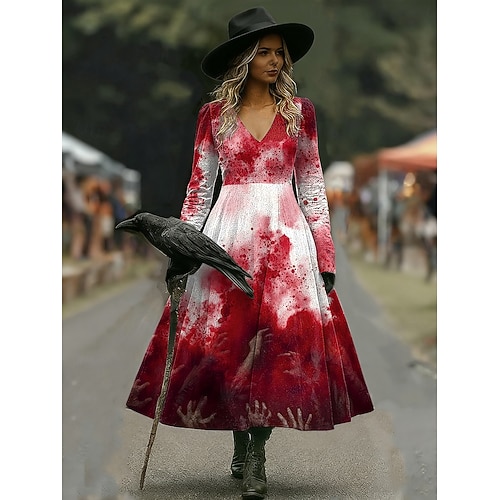  Sukienka midi z nadrukiem czarownicy damska w kształcie litery A wakacyjna codzienna regularny fason kwiatowy graficzny Hocus Pocus długi rękaw w szpic czarny czerwony brązowy wiosna jesień