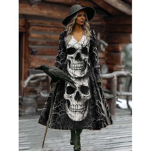  Женское Макси Платье А-силуэта Отпуск Повседневное Бохо Пляж Обычная Посадка Графика Черепа Быка Длинный Рукав V-образный Вырез Черный Вино Темно-серый Весна Осень