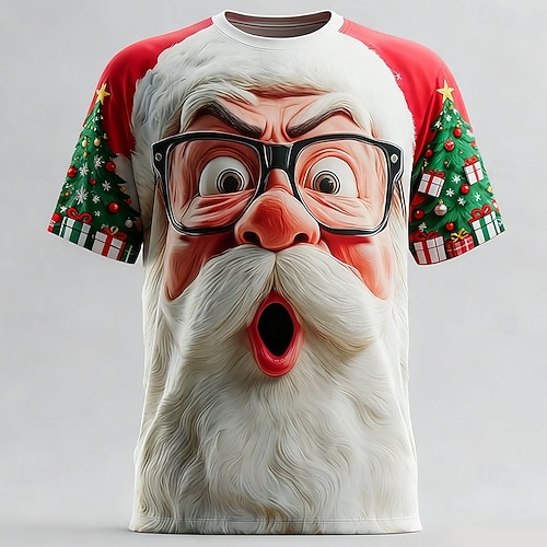  Новогодняя тематика Муж. Дед Мороз 3D в мультяшном стиле Футболка С короткими рукавами Футболка 3D печать Вырез под горло Рубашка Повседневные Оригинальный рисунок Художественный