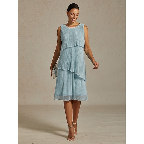  Dame Midikjole Skiftkjole Plissert kjole Grime kjole Elegant Fest Formelt Fest Bryllupsgjest Cocktailfest Normal Helfarge Ermeløs Crew-hals Himmelblå Sommer Vår Høst Vinter