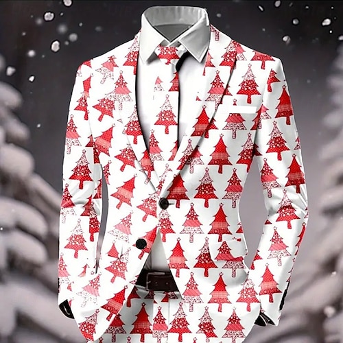  Муж. Блейзер Пальто Рождество Отпуск Повседневные На каждый день Наступила зима 100% полиэстер В снежинку 3D печать Пуговицы Сохраняет тепло Удобный Однобортный крой Блейзер Красный 1 Красный 4