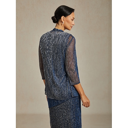  Women's Evening Tops Solid Color Stylish Romantic Wedding 3/4 Length Sleeve Wedding Guest Evening Party Business Attire Pleated Layered Metallic Navy Blue Summer Spring Fall Winter