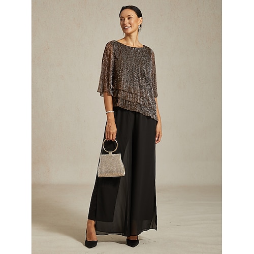  Women's Blouse Dressy Tops Flowy Tops Chiffon Tops Elegant Vintage Stylish 3/4 Length Sleeve Crew Neck Boat Neck Work Daily Date Night Outfits Sequins Pleated Patchwork Brown Spring Fall