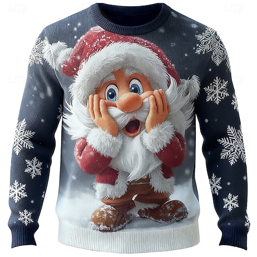  Ugly Christmas Sweater Men's Santa Claus Print Pullover Sweater Jumper Knitwear Crewneck Casual Vacation Daily Festival Keep Warm Long Sleeve Spring Fall Winter Black A Black B Black