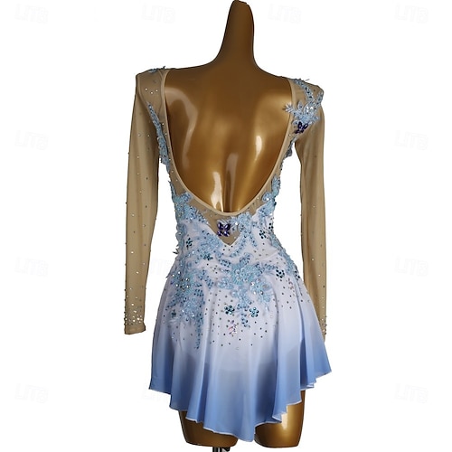 Figure Skating Dress Women's Girls' Ice Skating Dress Sky Blue White Patchwork Open Back Mesh High Elasticity Training Competition Skating Wear Classic Crystal / Rhinestone Long Sleeve Ice Skating 2026
