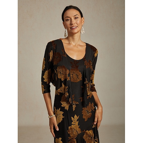  Женские бархатные накидки цветочные элегантные винтажные рукав 3/4 V-образный вырез для гостя на свадьбе вечерняя одежда вечерняя вечеринка коричневый осень зима