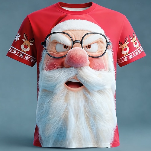  Новогодняя тематика Муж. Дед Мороз 3D в мультяшном стиле Футболка С короткими рукавами Футболка 3D печать Вырез под горло Рубашка Повседневные Оригинальный рисунок Художественный