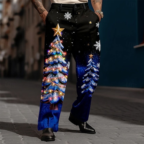  Jul Herr Julgran Julbelysning Långbyxor Kostymbyxor Medium Midja Mode Casual Utomhus Helgdag Avslappnade klänningsbyxor med platta framtill och sidofickor Höst Vinter 3D-tryck Svart Blå Grön