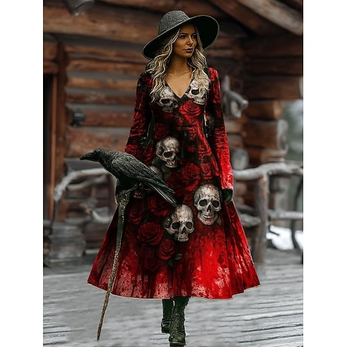  Женское Макси Платье А-силуэта Отпуск Повседневное Бохо Пляж Обычная Посадка Графика Черепа Быка Длинный Рукав V-образный Вырез Черный Вино Темно-серый Весна Осень