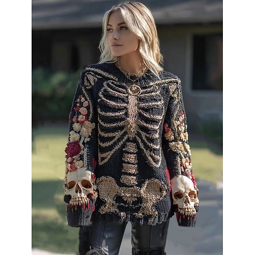 Női Pulóver Csontváz Aranyos Streetwear Kényelmes Grafikás Csontváz Kerek Nyakú Pázsitos Kötött Hosszú Ujjú Normál Felsők Kötött Fekete Rózsaszín Ősz Tél  Női Pulóver Csontváz Aranyos Streetwear Kényelmes Grafikás Csontváz Kerek Nyakú Pázsitos Kötött Hosszú Ujjú Normál Felsők Kötött Fekete Rózsaszín Ősz Tél