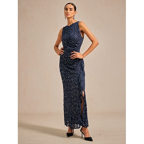  Femmes Robe maxi Robe fourreau Élégant robe demoiselle d honneur Soirée Coupe régulière Couleur Unie Sans manches Col ras du cou bleu marine Printemps Automne