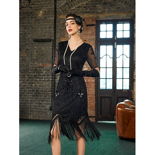knee length flapper dress Set Roaring 20s 1920s Cocktail Dress Fancy Costume with Accessories Short Sleeves The Great Gatsby Flapper Girl Sequins Tassel Fringe V Neck Fancy Dress Women's Christmas 2026 Zardosi