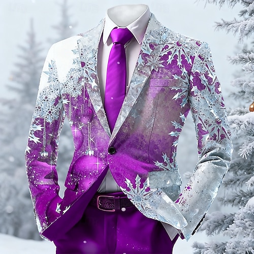  Новогодняя тематика Муж. В снежинку Пиджак Удобный Художественный На каждый день Вечерние наряды Повседневные фестиваль 3D печать Пуговицы Весна Осень Зима Острый Длинный рукав Черный Красный Синий