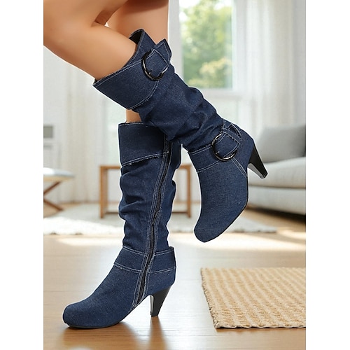  Botas femininas jeans de cano alto com fivela e salto cone, botas retrô casuais estilo western para uso diário &roupas de rua