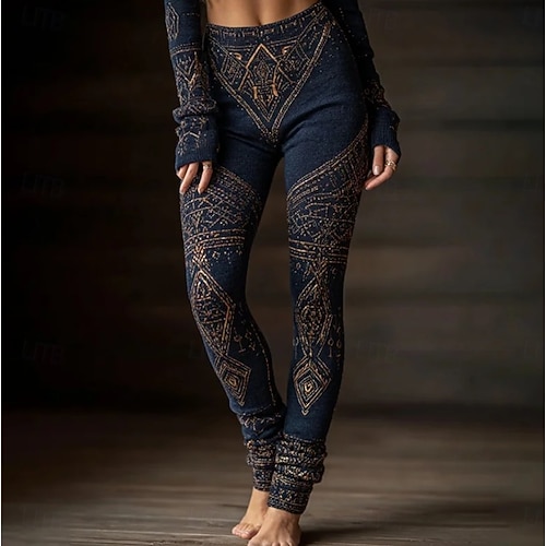  Kvinnors Viking Boho Leggings Vintage Etnisk Stil Hel Längd Hög Midja Grafisk Abstrakt 3D Utskrift Snabbtorkande Andningsförmåga Mjuk Stretchig Formell Utomhus Semester Ljusbrun Svart Rosa  Svart Vår
