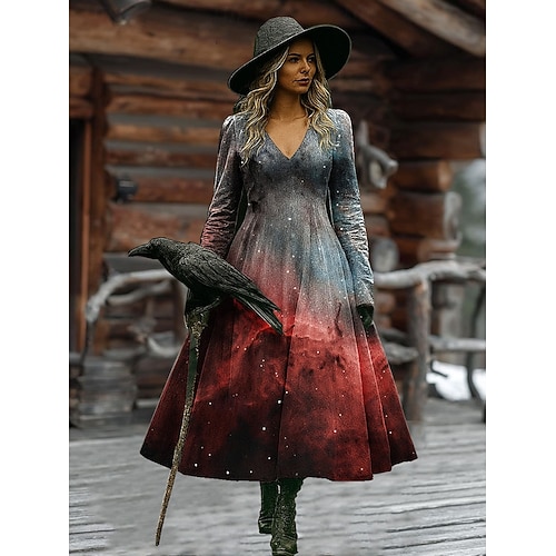  Женское миди платье А-силуэта отпуск повседневное бохо пляжное обычной посадки графическое абстрактное с длинным рукавом V-образным вырезом белое тёмно-красное вино коричневое весна осень зима