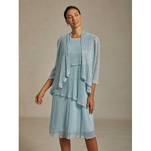  Dame Midikjole Skiftkjole Plissert kjole Grime kjole Elegant Fest Formelt Fest Bryllupsgjest Cocktailfest Normal Helfarge Ermeløs Crew-hals Himmelblå Sommer Vår Høst Vinter